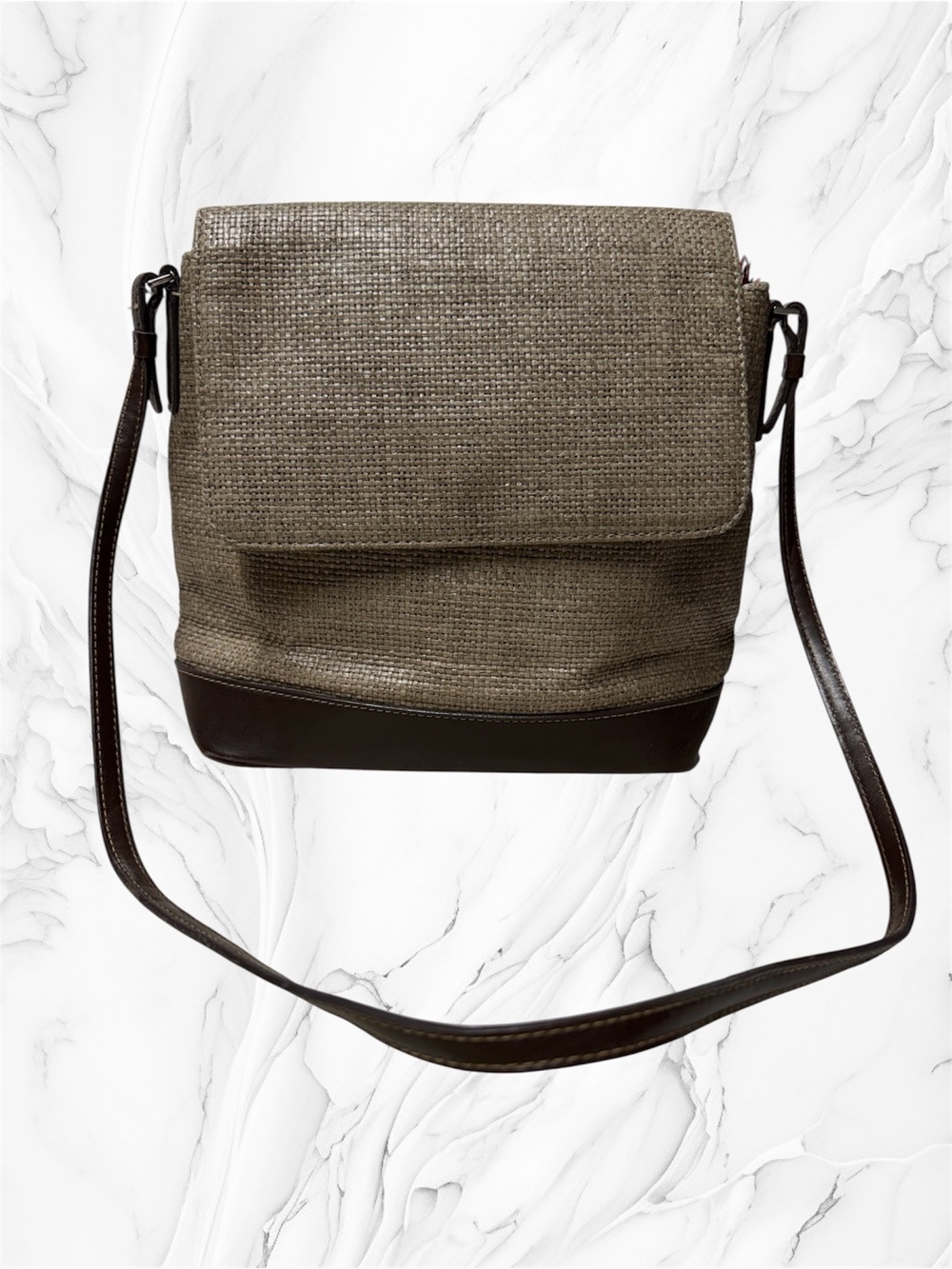 Vintage Liz Claiborne taupe gray Green Crossbody with Brown Trim shoulder purse